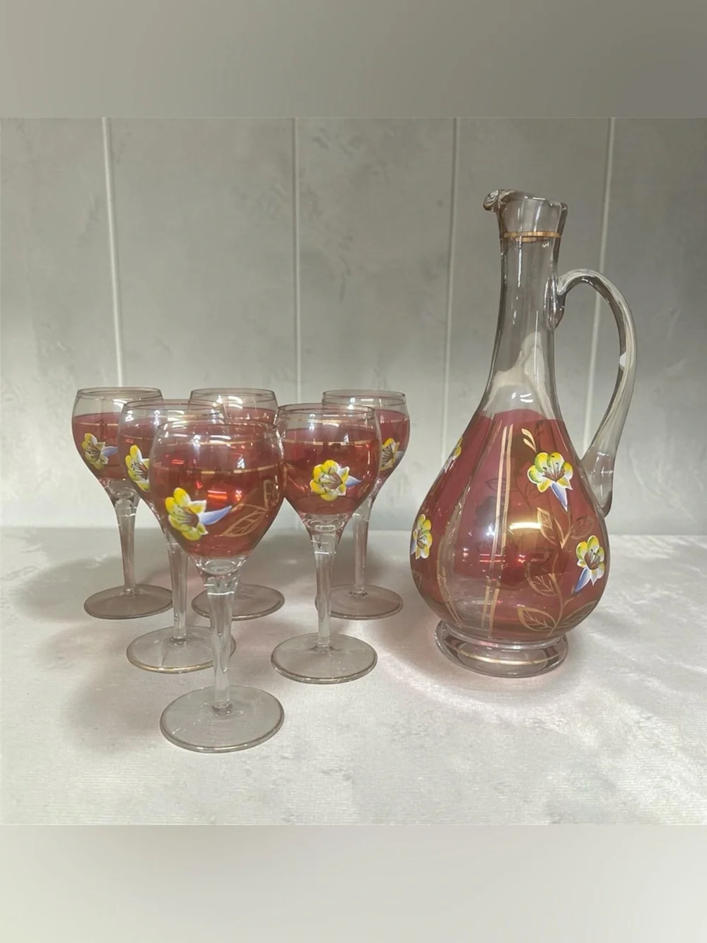 Vintage Hand Painted Glass decanter and Glasses